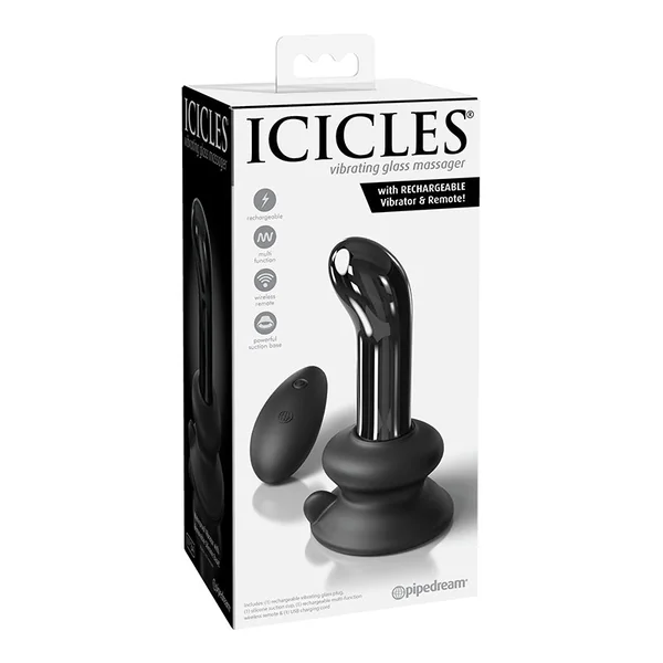 Pipedream Icicles No. 84 Rechargeable Remote-Controlled Vibrating Curved Glass Massager With Suction Cup Black