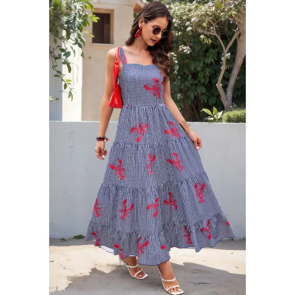 Plaid Lobster Print A Line Ruched Dress