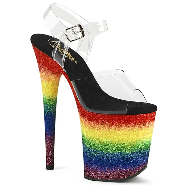Pleaser 8" Clear Ankle Strap/Rainbow Glitter Heel-Flamingo-808RG-04*