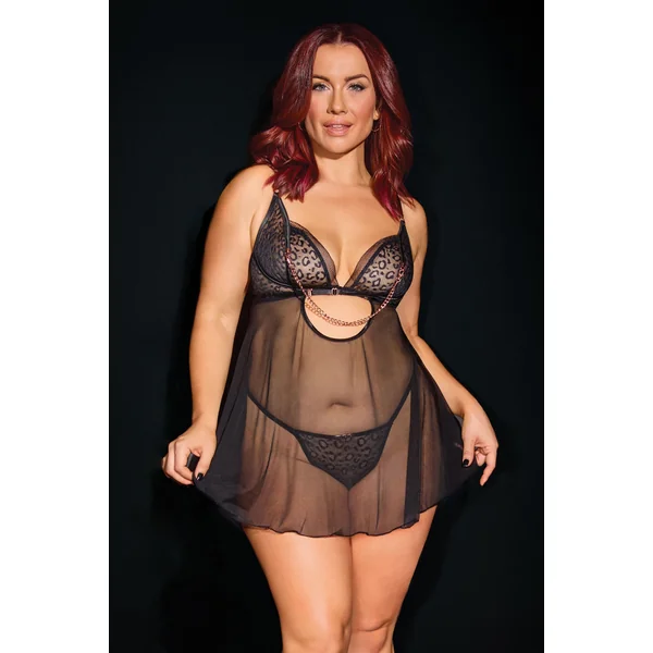Pleasure Nipple Hardware Chain Sheer Babydoll & G-String Leopard Queen