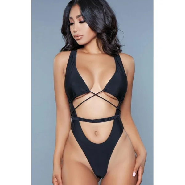 Plunge Neck Criss Cross One Piece Swimsuit