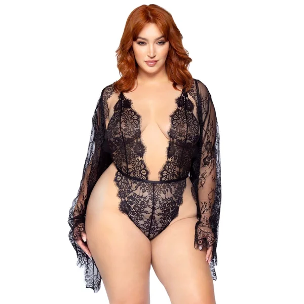 Plus Size 3 Piece Floral Lace Teddy, Thong Back, Matching Robe & Satin Tie