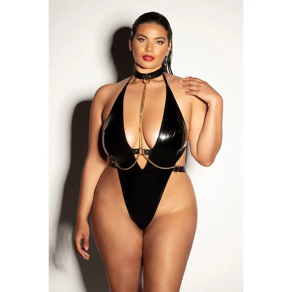 Plus Size Vinyl Teddy With Gold Chain Details