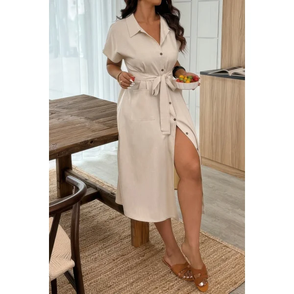 Plus Solid Button Down Straight Belted Shirt Dress