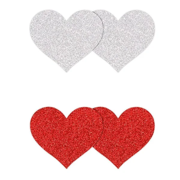 Pretty Pasties Silver and Red Glitter Hearts - Set of 2