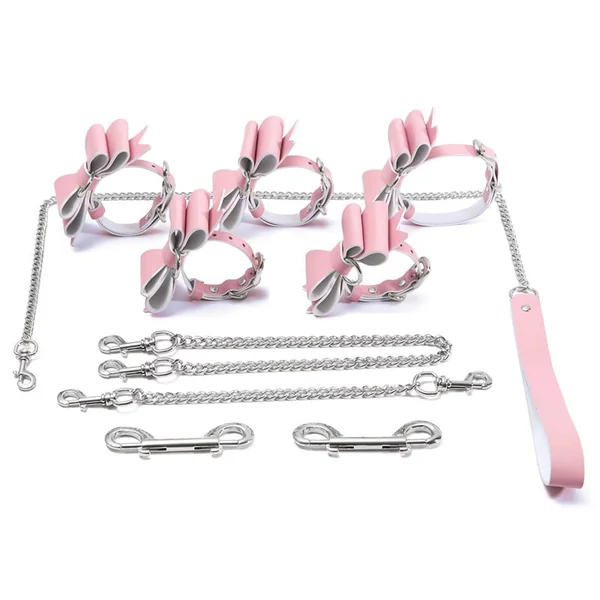 Prettybows Soft Lamb Leather Wrist Ankle Cuffs & Collar Leash Set – Pink/White Leather & Silver Alloy