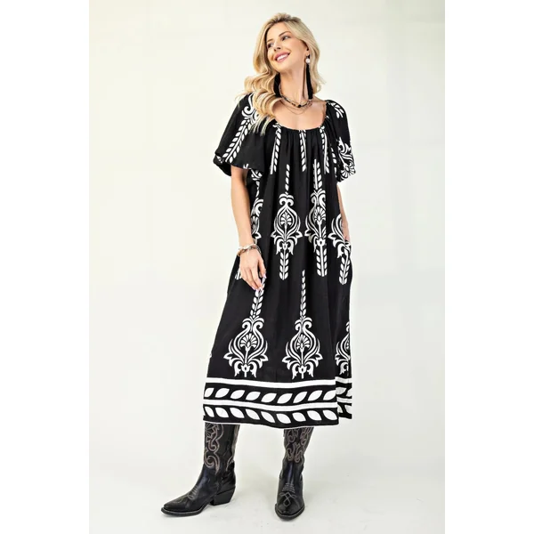 Printed Midi Dress With Short Puff Sleeves