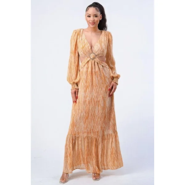 Printed V Neck Self Belted Side Cut Out Ruffled Maxi Dress