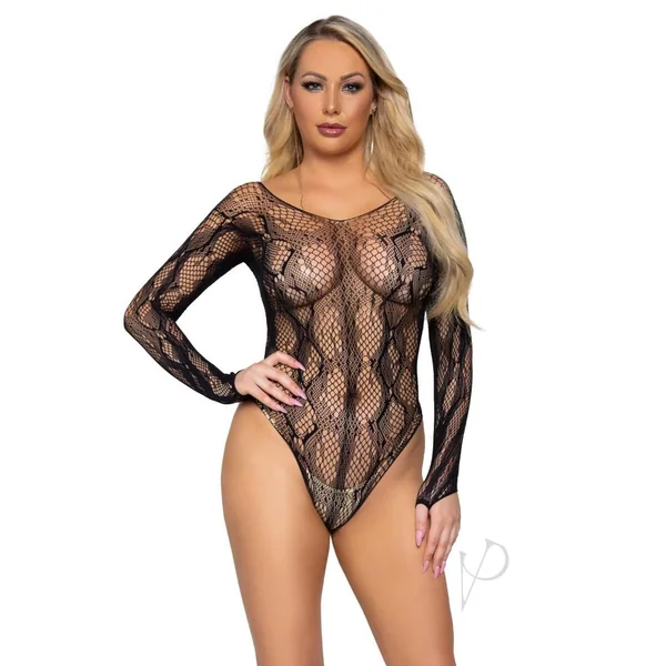 Python Net Long Sleeve Sexy Womens Bodysuit Black