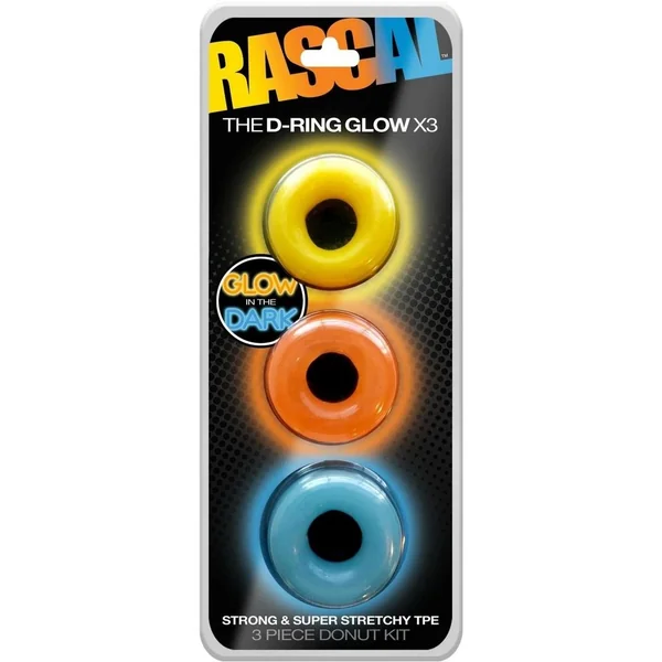 Rascal The D-Ring Glow X3 Glow In The Dark Cockrings Assorted Colors 3 Each Per Set