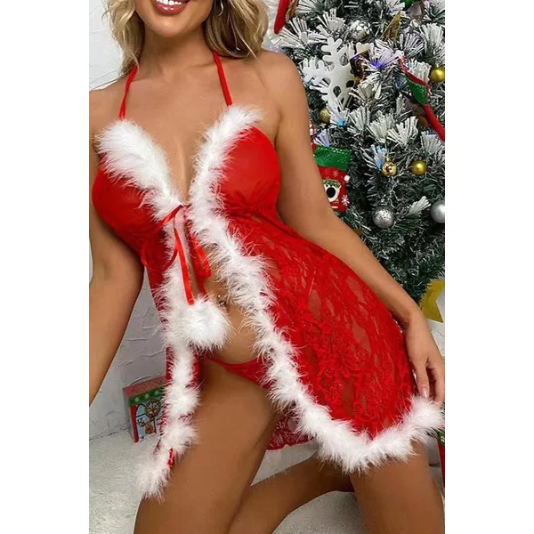 Red Lace White Fur 2Pc Holiday Lingerie Set