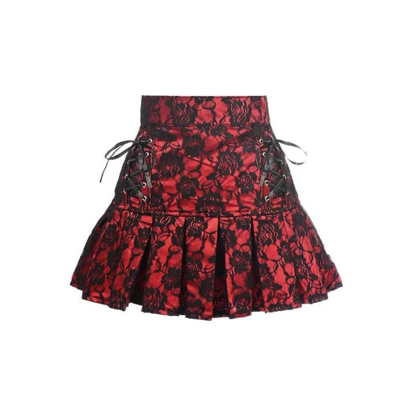 Red Satin w/Black Lace Overlay Lace-Up Skirt