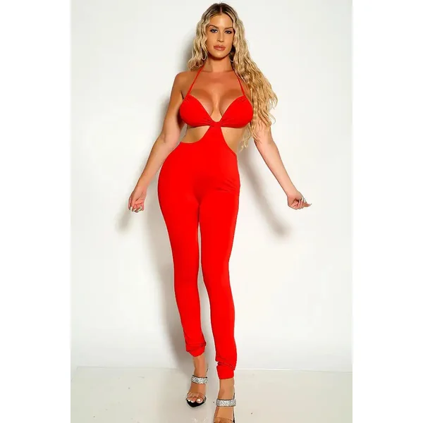 Red Sleeveless Halter Cut Out Sexy Jumpsuit