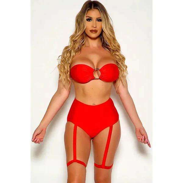 Red Strapless Bandeau O-Ring High Waist Garter Two Piece Swimsuit
