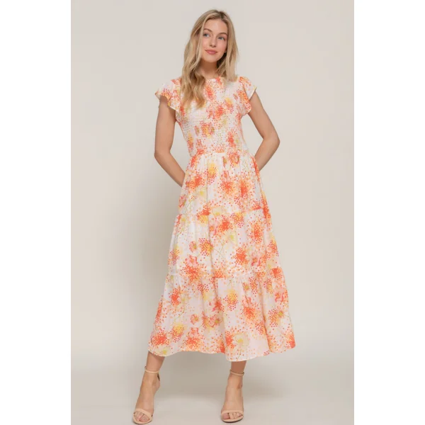 Ruffl Slv Smocked Floral Print Dresss