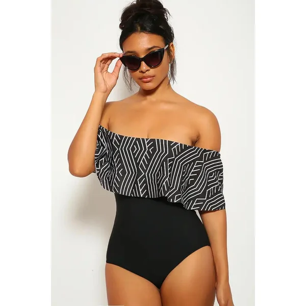 Sexy Black Two Tone Ruffled Hem Bandeau One Piece Swimsuit