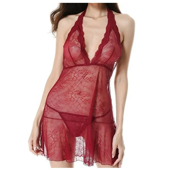 Sexy Lace Halter Chemise Lingerie Set - Merlot Elegance