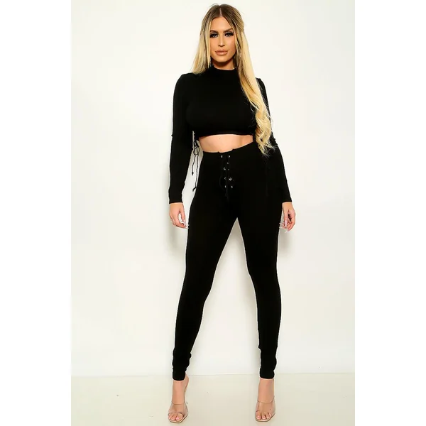 Sexy Lace Up Ribbed Crop Top With Matching Leggings Set