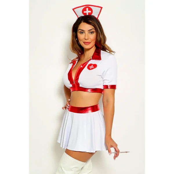 Sexy Red Metallic White 2 Pc Nurse Costume