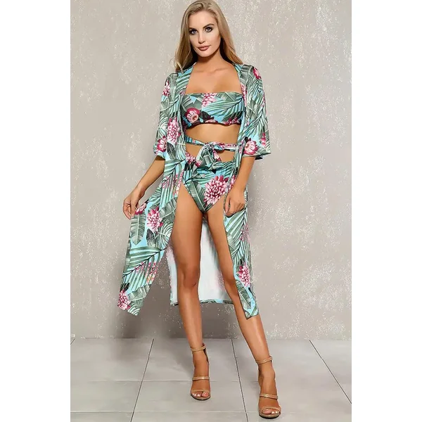 Sexy Sky Blue Green Tropical Print Two Piece Swimsuit Set
