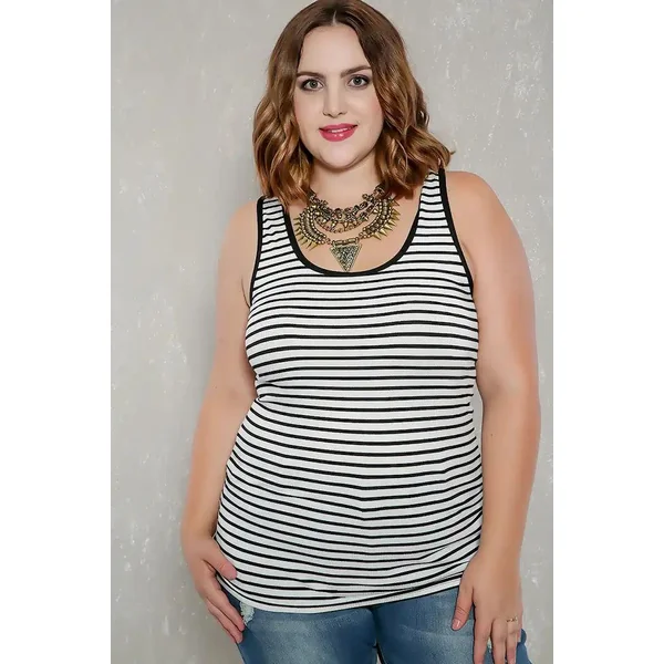 Sexy White Black Striped Ribbed Sleeveless Casual Plus Size Top