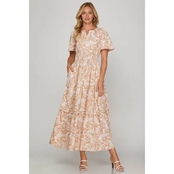 She + Sky Printed Notched Woven Tiered Pintuck Maxi Dress with Side Pockets