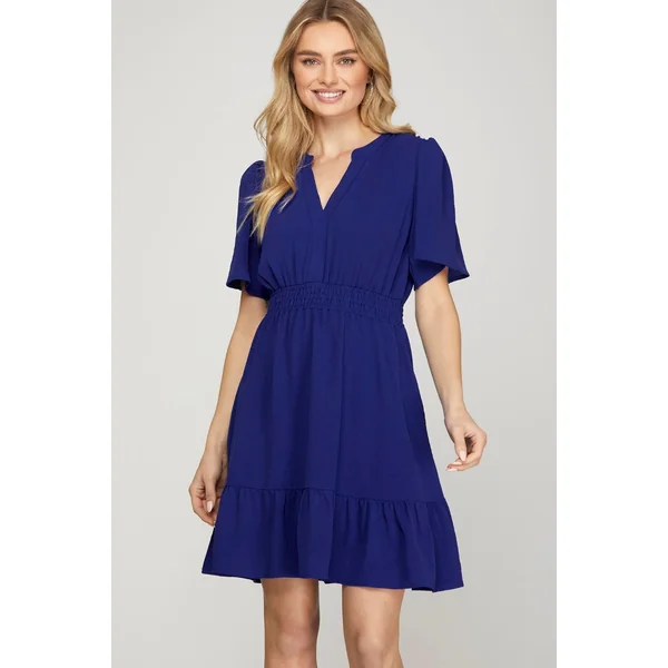 She + Sky Ruffled Hem Notched Flutter Sleeve Mini Dress