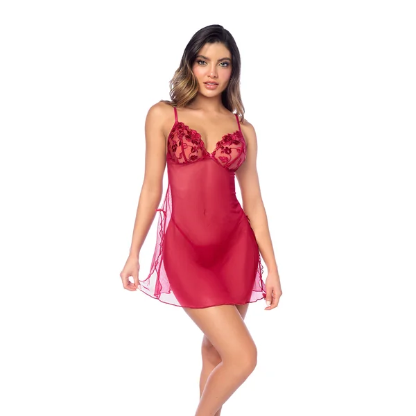 Sheer Mesh Holiday Metallic Embroidered Cups Babydoll