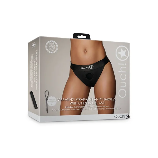 Shots Ouch Vibrating Strap On Panty Harness w/Open Back - Black M/L