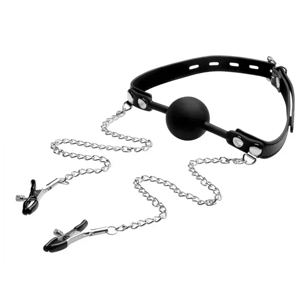Silicone BDSM Ball Gag with Nipple Clamps Bondage