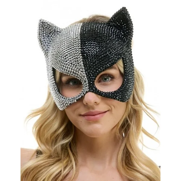 Silver & Black Rhinestone Cat Mask