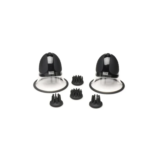 Size Matters 10X Rotating Rechargeable Silicone Nipple Suckers with 4 Attachments – Black/Clear