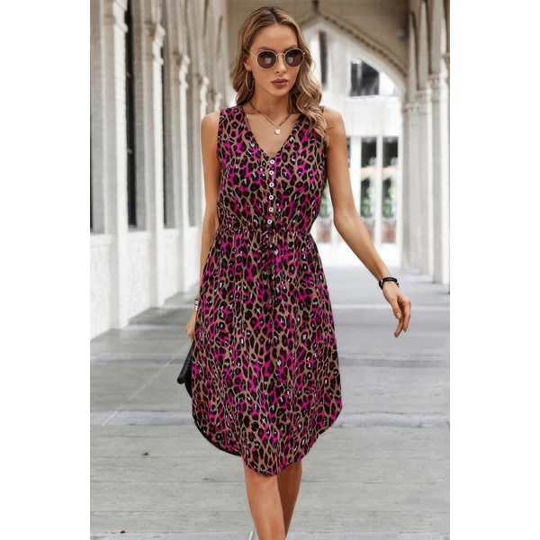 Sleeveless Leopard Print Tie Front Curved Hem Dress