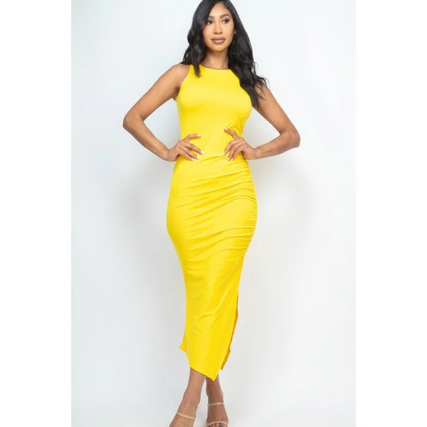 Sleeveless Ruched Side Split Maxi Dress