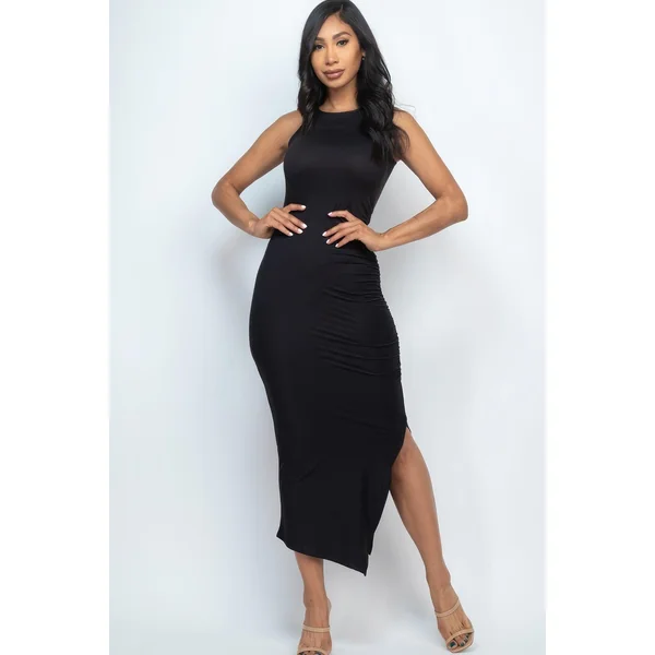 Sleeveless Ruched Side Split Maxi Dress