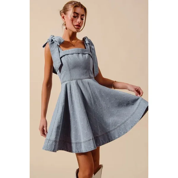 SO ME A Line Fit and Flare Diamond Bow Ribbon Denim Dres