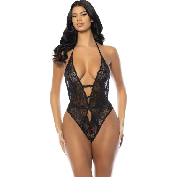 Soft Cup Lace Teddy with Open Gusset and Open Back | Black