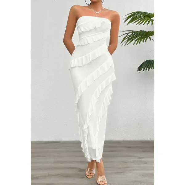 Solid Off Shoulder Ruffle Sleeveless Maxi Dress