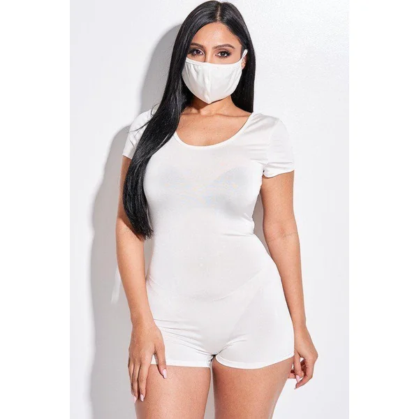 Solid Short Sleeve Scoop Neck Romper And Face Mask 2 Piece Set