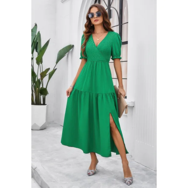Solid V Neck Ruched High Waist Puff Sleeve Dress