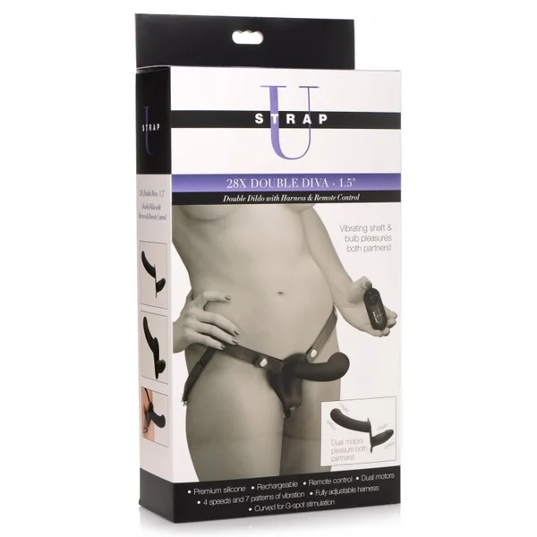 STRAP U 28X DOUBLE DIVA 1.5IN DOUBLE DILDO W/ HARNESS BLACK