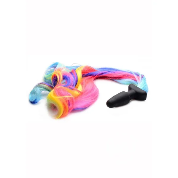 Tailz Rainbow Pony Tail Silicone Butt Plug - Black/Rainbow