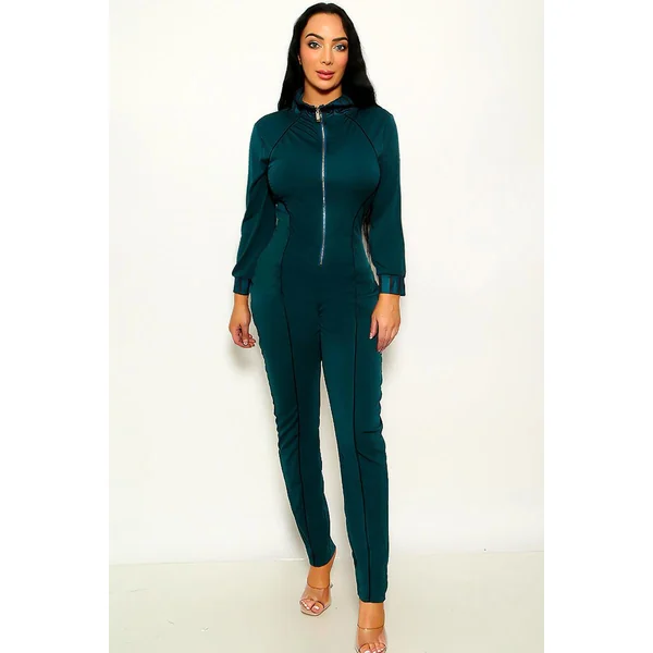Teal Round Neck Long Sleeve Zip Up Jumpsuit