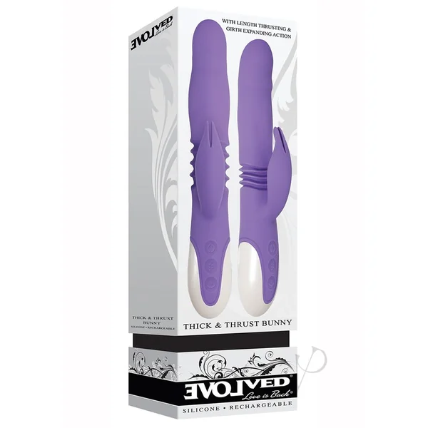 Thick and Thrust Bunny Rechargeable Silicone Rabbit Vibrator with Length Thrusting and Girth Expanding Action - Lavender