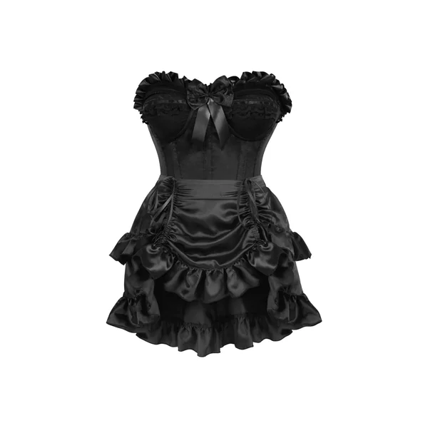 Top Drawer 2 PC Black Satin Steel Boned Burlesque Corset & Black Satin Skirt Set