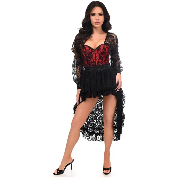 Top Drawer 2 PC Red/Black Lace Steel Boned Corset & Lace Skirt Set
