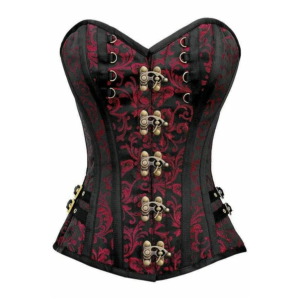 Top Drawer Black/Red Swirl Brocade Steel Boned Overbust Corset w/Buckles