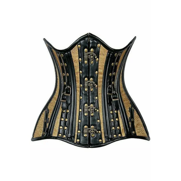 Top Drawer Faux Leather & Gold Brocade Steel Boned Under Bust Corset