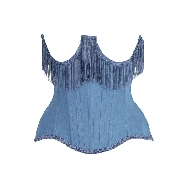 Top Drawer Steel Boned Blue Denim Underwire Underbust Corset Cincher w/Fringe