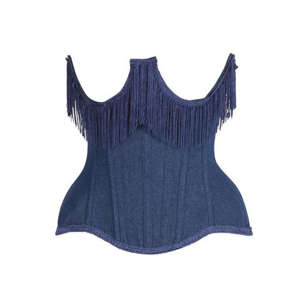 Top Drawer Steel Boned Dark Blue Denim Underwire Underbust Corset Cincher w/Fringe